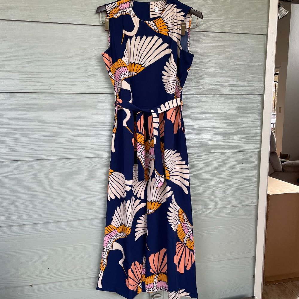 Cranes Print Belted Wide Leg Jumpsuit